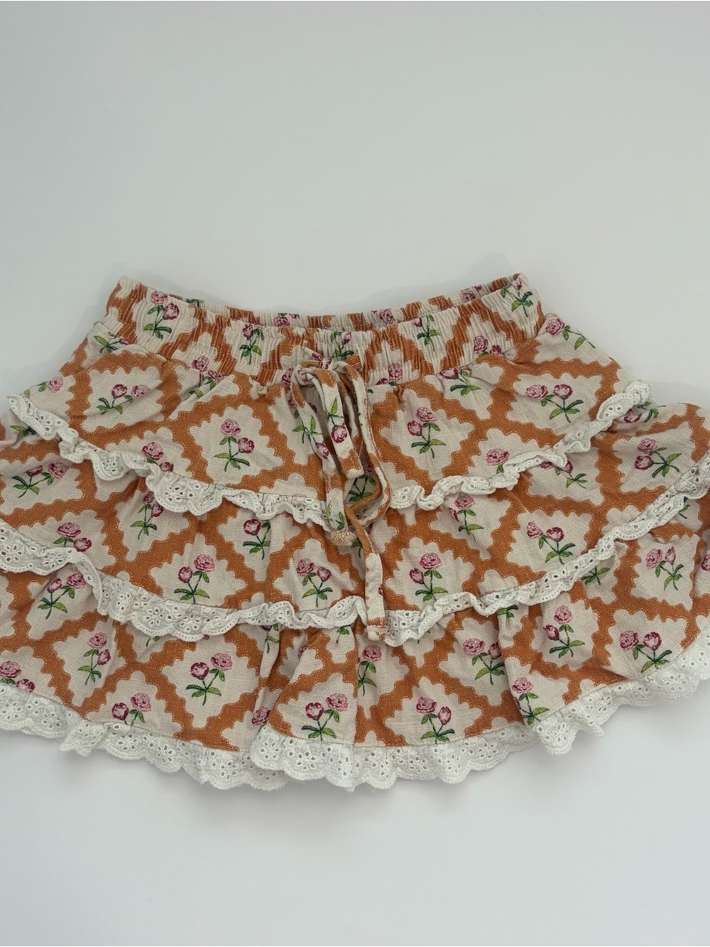 SweetHoney Tan and Pink Floral Ruffle Skort